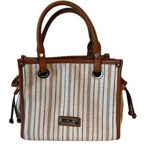 Simply Noelle Handbag leather & teak, brown, cream, black, & tan EUC!